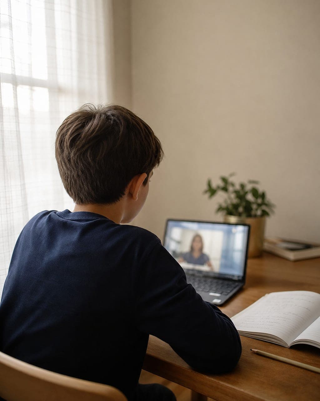 A young learner at a desk at home, following a live English lesson on a laptop